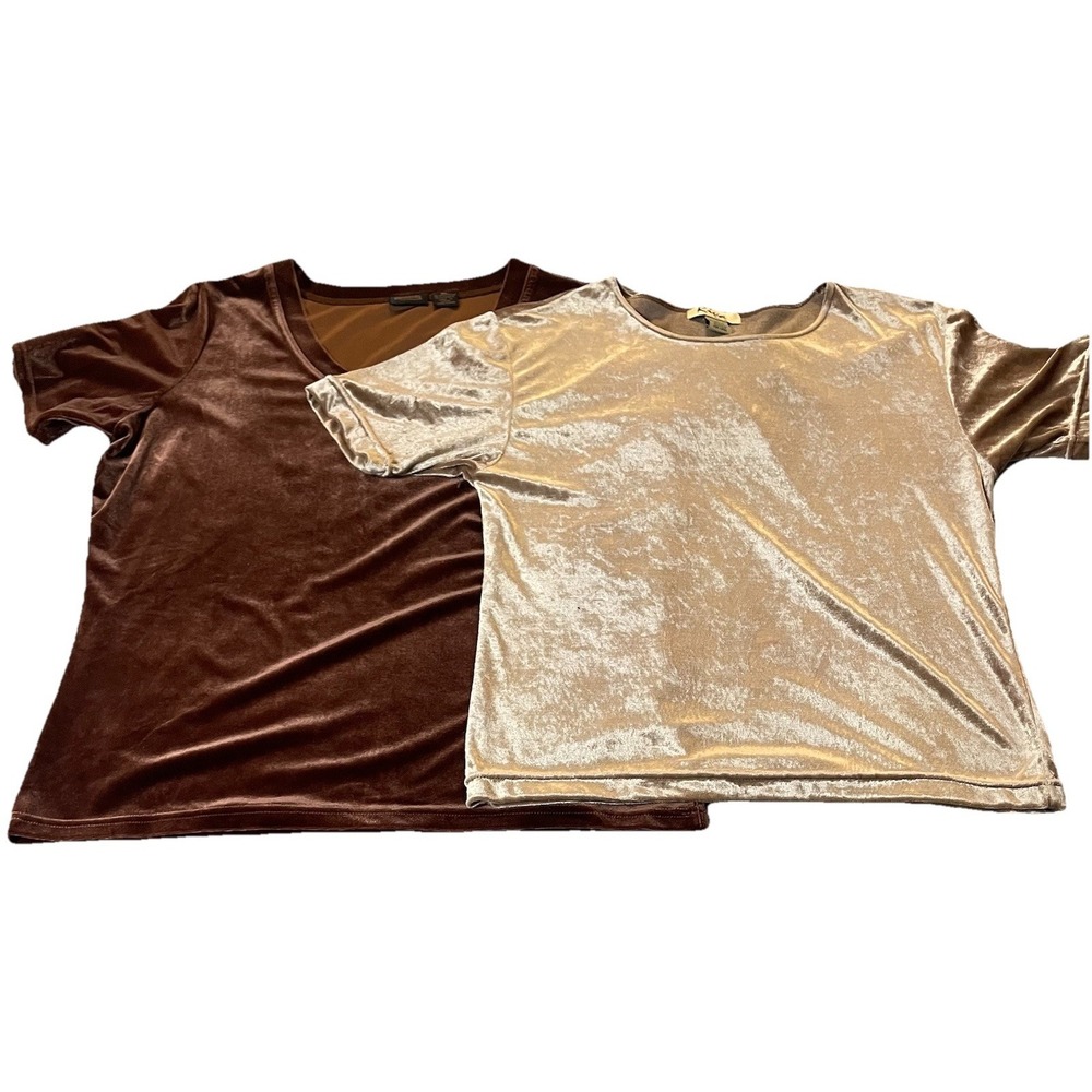 Lot Of 2 Vtg 80s Velvet Pullover Top XL Beige Brown Short Sleeve Riva Elements